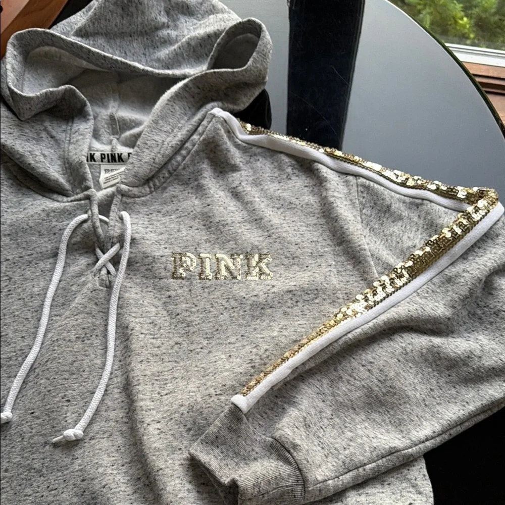 PINK Gold & Roses Sequin Heather Gray Hoodie with Gold Sequin Stripe - Picture 3 of 10